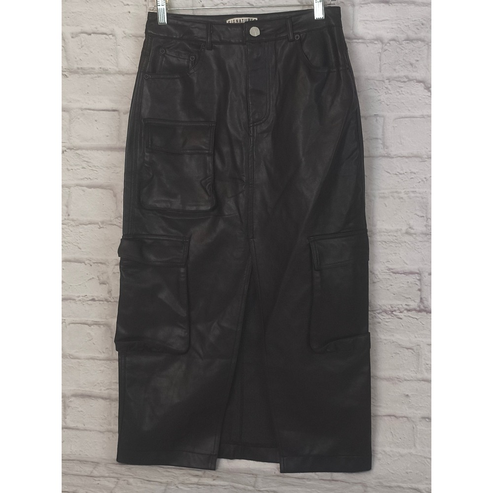 Signature 8 Black Faux Leather Cargo Maxi Skirt Small
